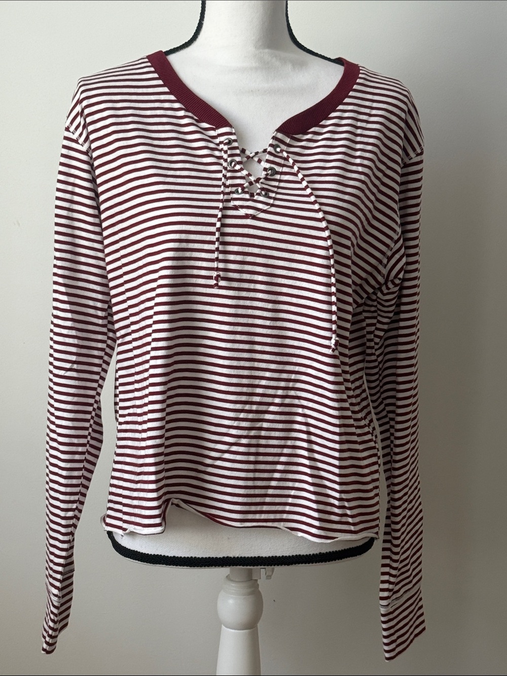 Hollister Women's Burgundy & White Striped Lace-Up Long Sleeve Top